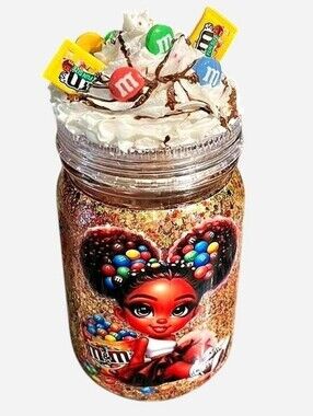 Handcrafted M&M Milkshake 20oz Mason Jar Glitter Mug Tumbler Cartoon Candy Gold